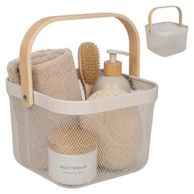 Image de Relaxdays, ensemble de 2 paniers en fil de fer avec poignées, en métal et bambou, dimensions (H x L x P) : 17,5 x 26 x 24,5 cm, paniers de rangement carrés, couleur crème