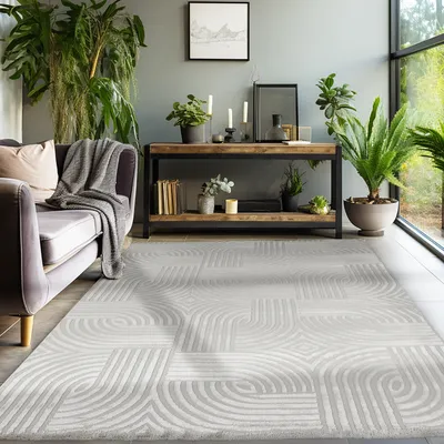 Obrázek produktu pro Teppich Wohnzimmer Schlafzimmer Läufer Flur Flauschig Boho Teppich 3D Design Skandinavischer Stil Weich Größe: 280x370 cm Farbe : Silber-5