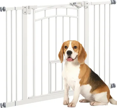 A beagle dog sits in front of a white pet gate.