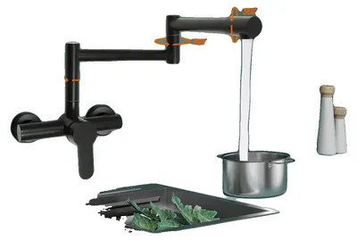 Zdjęcie produktu dla Bateria kuchenna montowana na ścianie, wykonana z mosiądzu, z obrotową w zakresie 360° wylewką, o zasięgu 40 cm, z jednouchwytową regulacją, przeznaczona do zlewów