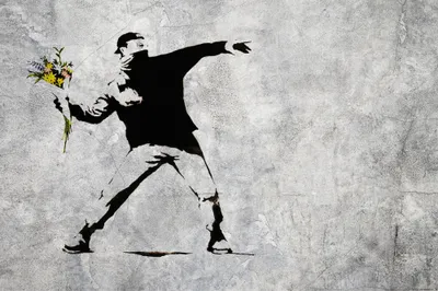 Produktbild von Banksy Kunstdruck Bild - Der Blumenwerfer, Graffiti Streetart (80 x 120 cm)