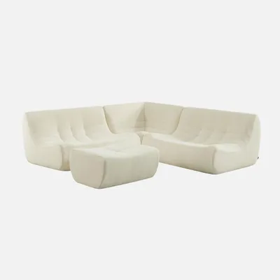 Produktbild von sweeek - Modulares 5-Sitzer Ecksofa mit strukturiertem Bouclé-Bezug und Hocker - Weiß