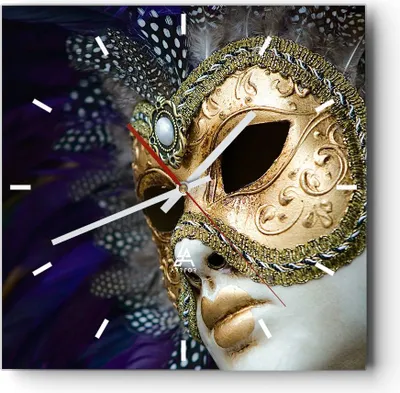 Produktbild von Wanduhr - Quadrat - Glasuhr - Maske Gesicht Mysterium - 40x40cm - Schleichendes Uhrwerk - Lautlos - zum Aufhängen bereit - Dekoration Modern - Wanddekoration aus Glas - C3AC40x40-0147