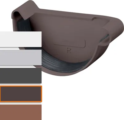 A product image showing a gutter end piece with color swatches next to it.