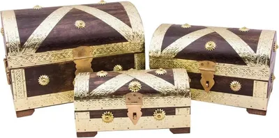 Produktbild von 3er-Set Piratenkönig Truhenset aus Holz, 26x18x17 cm, zur Aufbewahrung kleiner Schätze und als Requisit