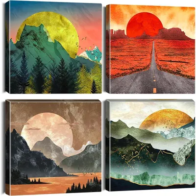 Obrázek produktu pro Plátna, 4 kusy, motiv: východ slunce a západ slunce, reprodukce uměleckého díla, rozměry 30x30 cm