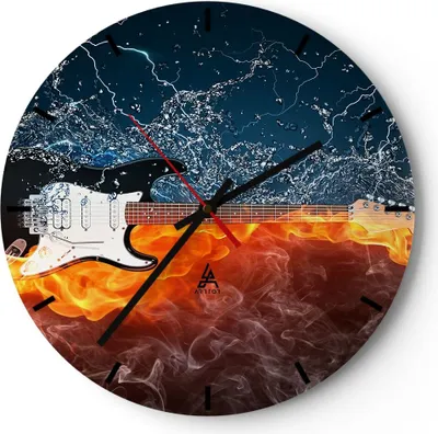 Produktbild von Wanduhr - Rund - Glasuhr - Gitarre Instrument Musik - 30x30cm - Schleichendes Uhrwerk - Lautlos - zum Aufhängen bereit - Dekoration Modern - Wanddekoration aus Glas - C3AR30x30-0215