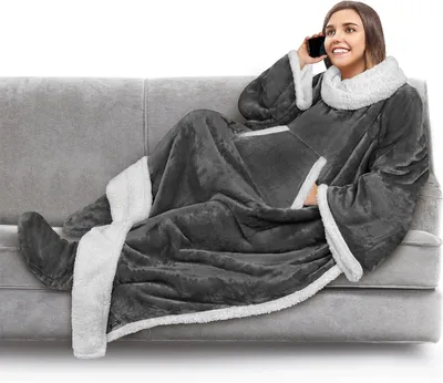 Produktbild von Fleecedecke für Erwachsene mit Ärmeln und Fußtaschen, warmes Plüschkleid zum Umwickeln, Einheitsgröße, ideales Geschenk