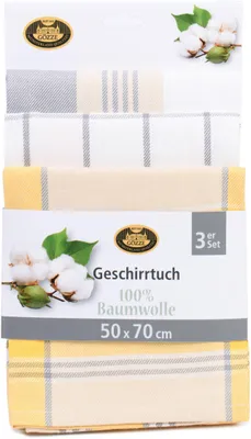 Produktbild von Gözze Geschirrtuch mit Aufhängeschlaufe gelb 50x70 cm, 3er-Pack (2xKaro, 1xStreifen)