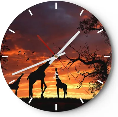 Produktbild von Wanduhr - Rund - Glasuhr - Giraffe Afrika Sonne Safari - 40x40cm - Schleichendes Uhrwerk - Lautlos - zum Aufhängen bereit - Dekoration Modern - Wanddekoration aus Glas - C3AR40x40-0507