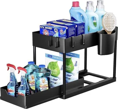 Productafbeelding van Famanu opbergrek voor onder de spoelbak - 2 niveaus, met uitschuifbare lade, zwart