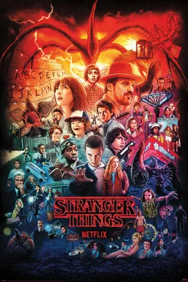 A montage poster for the TV show Stranger Things, featuring characters and scenes from the series.