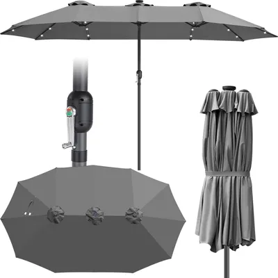 Produktbild von Izrielar XXL Sonnenschirm Grau mit LED-Licht – 3-Schirm-Design, besonders breite Spannweite, ideal für große Terrassenflächen