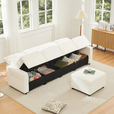 Produktbild von okwish Schlafsofa 4-Sitzer mit Stauraum Unter Den Sitzflächen Sitzgruppe,Wohnzimmersofa mit Hocker Flexibel Stellbar Für Wohnzimmer,Beige