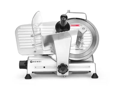 A professional studio shot of a HENDI meat slicer against a white background.