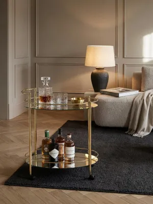Produktbild von Design Servierwagen Gold 67x79 cm Mobile Mini Bar, Beistelltisch auf Rollen, Speisewagen mit Glasplatte Weiß, Küchenwagen, Teewagen mit Milchglas