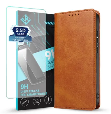 Produktbild von Handyhülle für Samsung Galaxy S26 FE mit 9H Displayglas Kunstleder Flip Cover Hülle Handytasche Case Kartenfach Farbe: Hellbraun