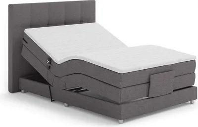 A gray adjustable bed with a white mattress on a white background.