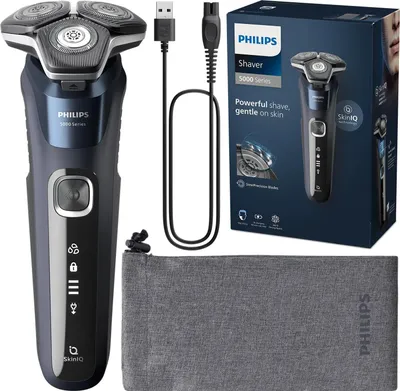 A Philips shaver, its charging cable, and a storage pouch are displayed against a white background, alongside its packaging.