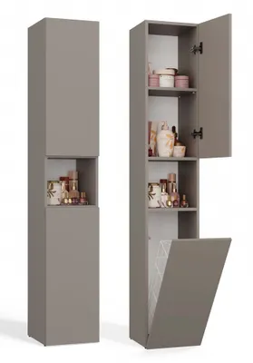 Obrázek produktu pro Koupelnová úzká skříňka 31 cm s košem na prádlo ATSO 8 - šedá