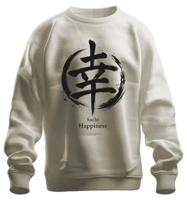 Immagine prodotto di Felpa con cappuccio, stile pullover, con scritta "Sachi Happiness Glück" in caratteri giapponesi, motivo Enso, colori naturali, taglia L
