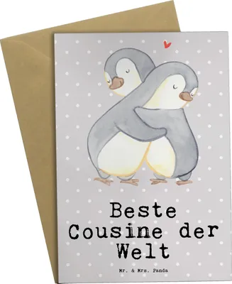 Produktbild von Mr. & Mrs. Panda Glückwunschkarte Pinguin Beste Cousine der Welt - Grau Pastell - Geschenk, Verwandtschaft, weihnachtskarten, Grußkarte, babykarte, Cousinchen, Cousin