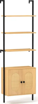Produktbild von 3-stufiges Leiter-Bücherregal mit Rattan-Schrank, 184 cm hohes Bücherregal mit verstellbarem Regal, mit Metallgestell, Natur