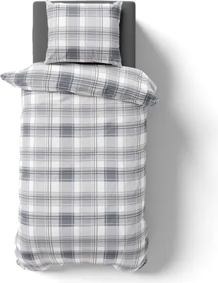 Produktbild von 2-tlg Renforcé Design Bettwäsche 155x220 + 80x80 cm Kopfkissen Garnitur 100% Baumwolle Mit Reißverschluss Geometrisch Karo-Silber