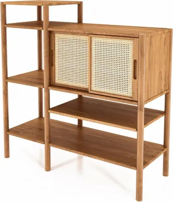 Produktbild von Bücherregal Zola Wildeiche massiv und Rattan 120x123 cm 2 Schiebetüren 5 Fächer