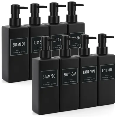 Produktbild von Seifenspender aus Kunststoff, 8 Stück, 500 ml, mattschwarz, nachfüllbare Shampooflaschen, Duschgelspender mit Etiketten, Pumpspender für Küche und Bad