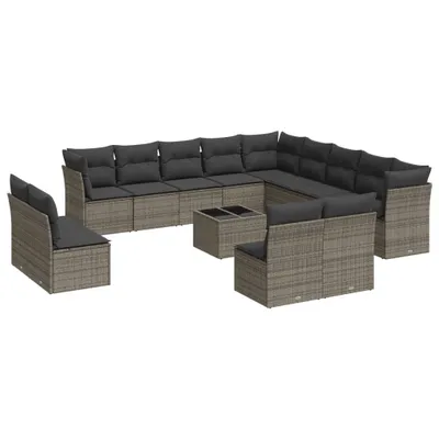 Produktbild von Modulares Garten Loungemöbel Set, 14-tlg. Sofagarnitur mit Stauraum, Poly Rattan Grau, Hartglas-Tisch, UV-beständig, inkl. dunkelgrauen Kissen
