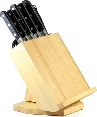 A set of knives in a wooden block, presented against a white background.