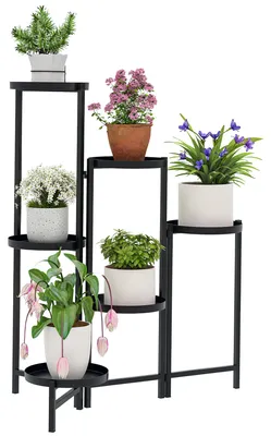 Productafbeelding van Bloempotstandaard, plantenstandaard met 6 verstelbare ronde plateaus, hoekstandaard voor plantenpotten, metaal, zwart