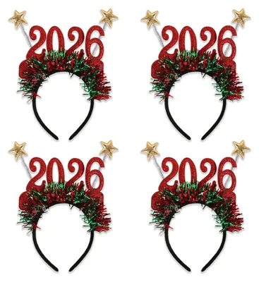 Produktbild von 4er-Set Haarbänder mit Schneeflocken-Dekor, funkelnder Zahl 2026, Haarreifen, Brillen, festliches Weihnachts-Party-Accessoire