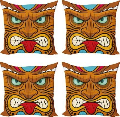 Produktbild von ABAKUHAUS Tiki Bar Kissenbezug Set (4 Stück), Verärgertes Gesicht Totem, Moderner Doppelseitiger Digitaldruck, 50 cm x 50 cm, Mehrfarbig