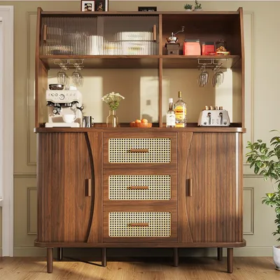 Produktbild von Küchenschrank mit Rattanoptik & Glasschiebetüren Hochschrank Küchenbuffet Vitrinenschrank Buffetschrank 140*40.5*174.5cm Walnut