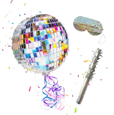 Image de Pinata boule disco Relaxdays, avec bâton et masque, piñata pour enfants, piñata d'anniversaire, à remplir, L x P : 30 x 8 cm, argent