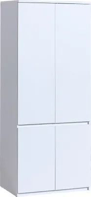 A white wardrobe with two doors on top and two doors on the bottom.