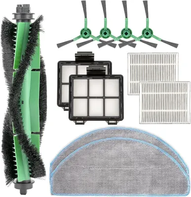 A collection of cleaning accessories for a robot vacuum cleaner, including a main brush, side brushes, filters, and mop pads, arranged on a white background.