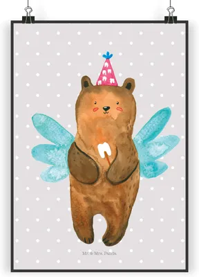 Produktbild von Mr. & Mrs. Panda Poster Bär Zahnfee DIN A3 - Grau Pastell - Geschenk, Fee, Kunstdruck, drucke, Erster Zahn, Milchzahn, wanddeko, Teddy, wandkunst, Bild