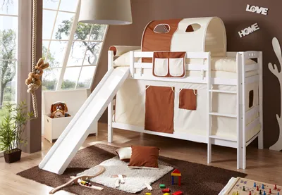 Produktbild von Etagenbett mit Rutsche "Lupo" Buche massiv Weiß (Beige-Braun)
