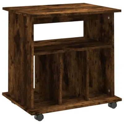 A wooden cabinet with shelves and wheels.