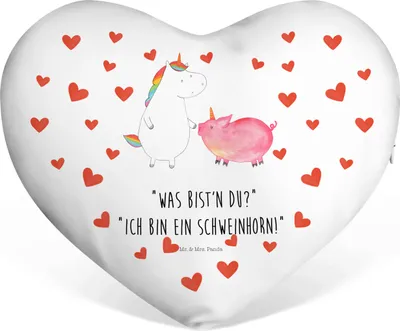 Produktbild von Mr. & Mrs. Panda Dekokissen Einhorn Schwein - Weiß - Geschenk, Schweinhorn, Kuschelkissen, Unicorn, Freundin, Herz Kissen, Einhörner, dekoartikel, Herzkissen, Sofakissen