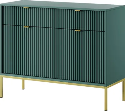 A teal colored dresser with gold handles and legs on a white background.