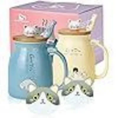 Image de Lot de 2 tasses en céramique avec couvercles en bambou et cuillères, 380 ml, bleu/jaune