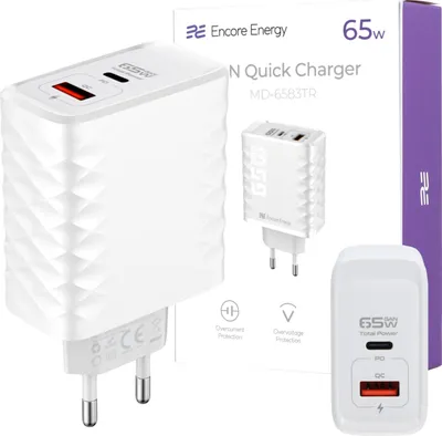 Produktbild von Netzladegerät GaN 65W USB-A + USB-C QC PD Encore Energy MD-6583TR