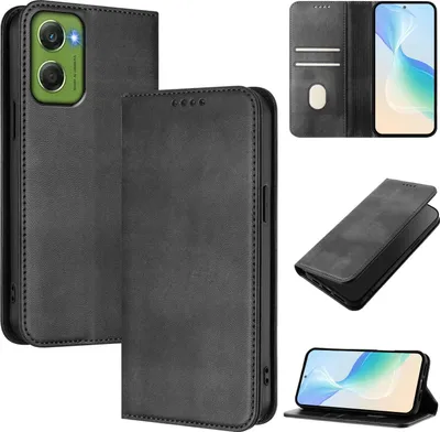 Produktbild von Handyhülle für Motorola Moto G06, Vintage Leder RFID Schutz Kartenfach Standfunktion Magnetische Klapphülle Schwarz