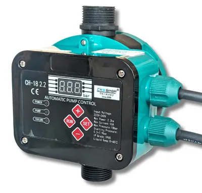Produktbild von CHM GmbH® Pumpensteuerung Druckschalter CH-18 (EIN- und Abschaltdruck einstellbar) mit Trockenlaufschutz für Pumpen bis 2,2 Kw, KI-generiertes Bild