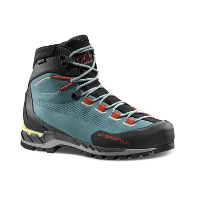 Bergschuh für Damen; Modell "Trango Tech Leather Woman Gtx" von La Sportiva; in Blau und Schwarz mit grauen Schnürsenkeln.