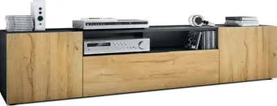 Produktbild von Vladon Lowboard Mogan, TV-Kommode mit 2 Türen, 1 Klappe und 1 offenes Fach, Schwarz matt/Eiche Natur (181 x 39 x 35 cm)